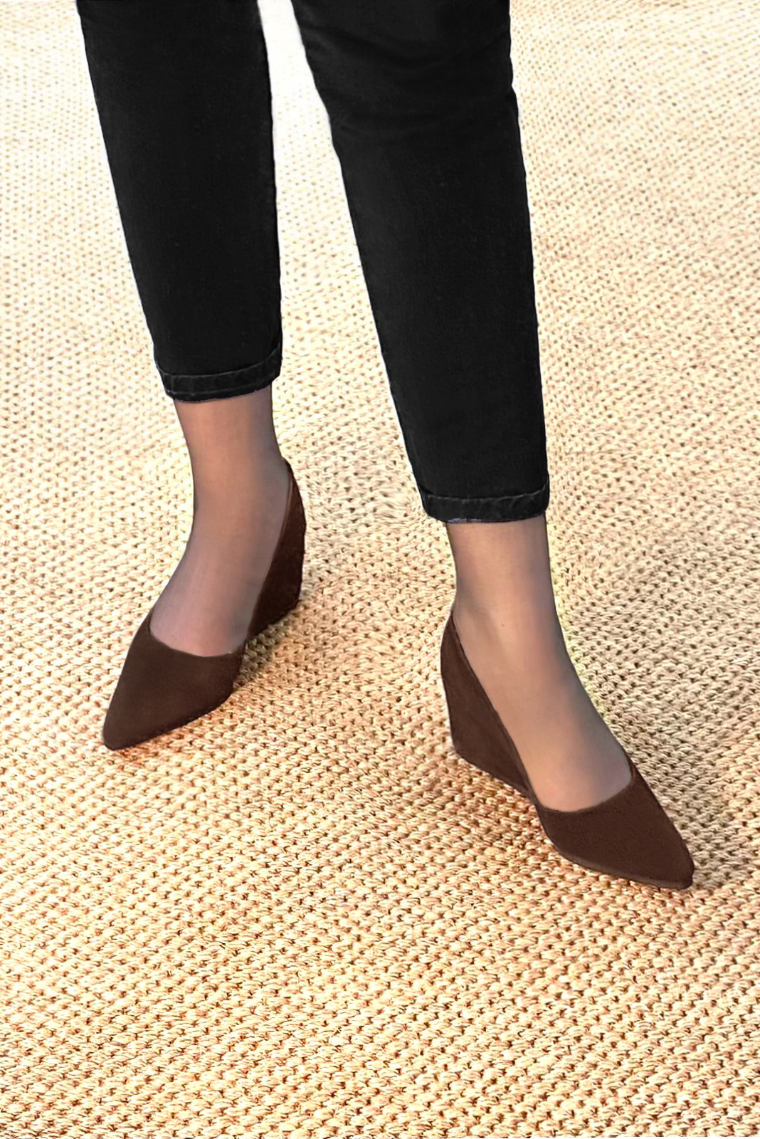 Dark brown women's dress pumps,with a square neckline. Tapered toe. Medium wedge heels. Worn view - Florence KOOIJMAN